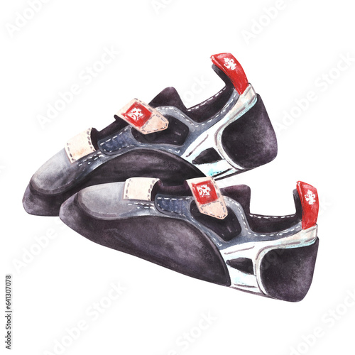 Climbing boulder black-grey with red elements pair shoe Rock wall climbing equipment Watercolor illustration hand draw isolated on white background. for your design of brochures, stickers, prints logo