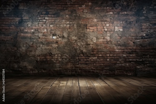 Scary background, old brick wall and floor, concept of horror and halloween. Generative AI