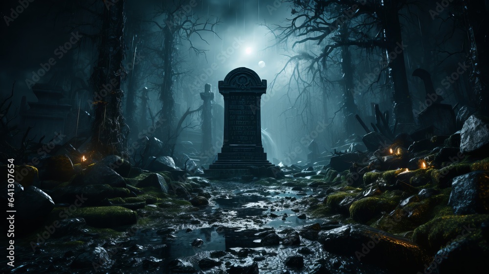 Dark tombstone marks spooky grave of old night horror. Generative AI. - obrazy, fototapety, plakaty 