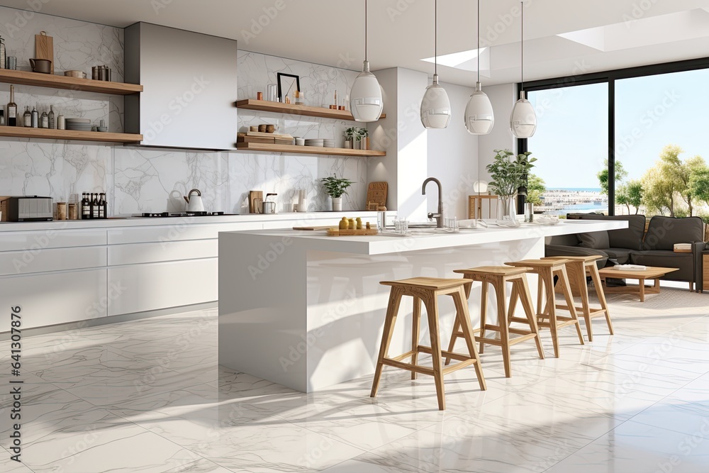 bright open concept kitchen in white with long counter eating space dining room and large windows. Luxury real estate for sale. Dining room design project