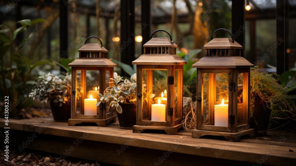 Diy garden lighting featuring wooden lanterns and fairy. Generative AI.