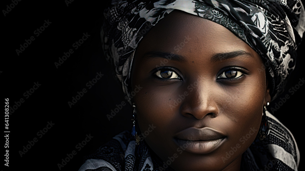 Mysterious Aura: Unveiling the Beauty of a Black Woman with Brown Eyes and a Black Headscarf in Dark Tonality. Ai Generative.