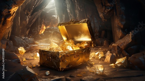 A picture of a cave with a box that's been opened and full of gold.