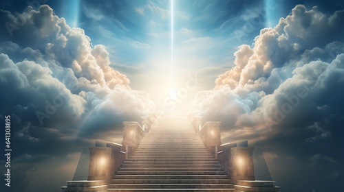 Stairway Leading Up Toward The Light In The Heavenly Sky