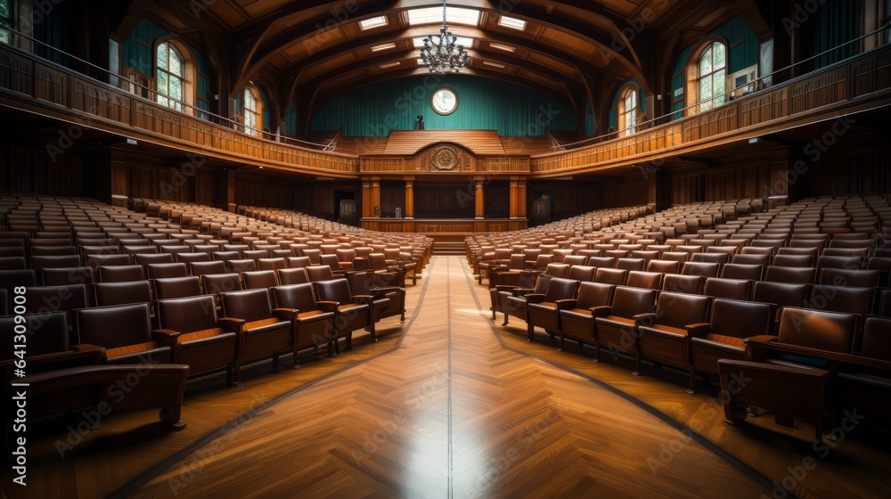 Empty wooden benches of a university auditorium. Generative AI. Empty wooden benches of a university auditorium. Generative AI.