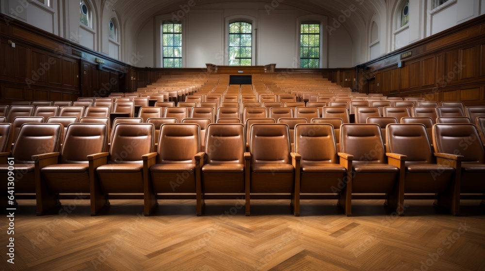 Empty wooden benches of a university auditorium. Generative AI.