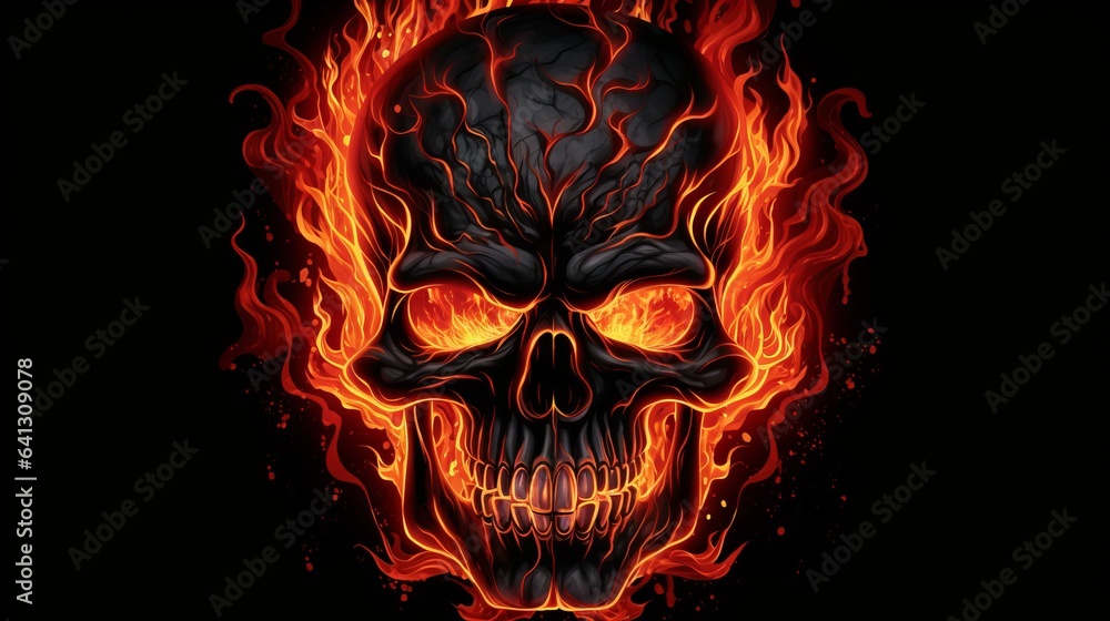 Skull in flames against a black background. Tattoo design