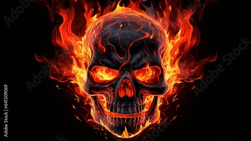 Skull in flames against a black background. Tattoo design