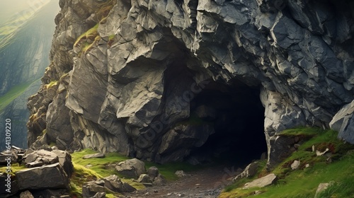 Mountain cave entrance is the entrance to a hidden cave in the mountains. photo
