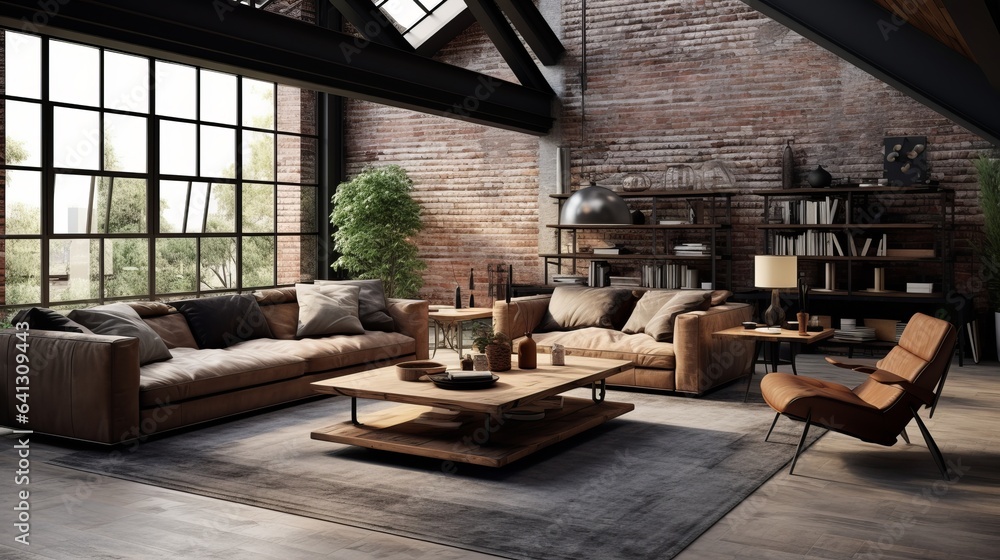 Interior of a loft living room rendered in industrial style.