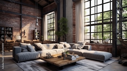 Interior of a loft living room rendered in industrial style.