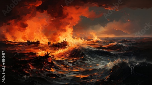 Fire on black oil platfom in sea. Generative AI. © ProVector