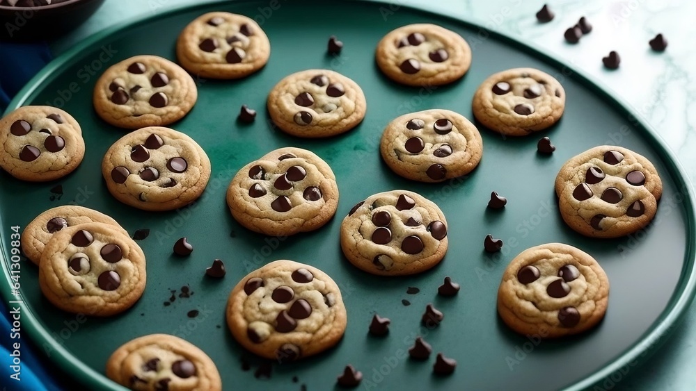 Fototapeta premium Chocolate chip cookies kept in dish on the table