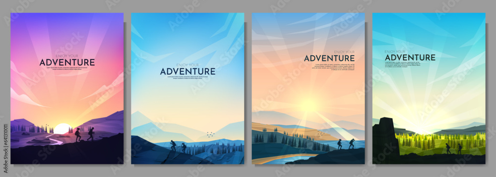 Vector illustration. Travel concept of discovering, exploring and observing nature. Hiking. Adventure tourism. Couple hikes together. Polygonal flat design for poster, magazine, book cover, brochure
