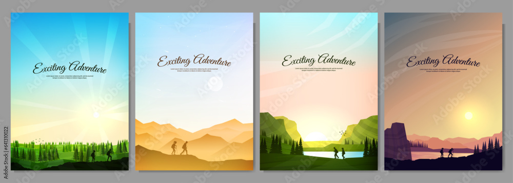 Vector illustration. Travel concept of discovering, exploring and observing nature. Hiking. Adventure tourism. Couple hikes together. Polygonal flat design for poster, magazine, book cover, brochure