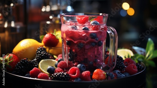 Fresh fruit cocktail prepared with modern kitchen equipme. Generative AI. photo