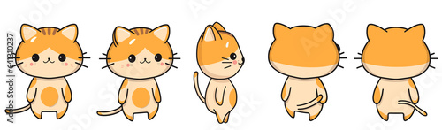 Character bellybutton rige chibi cat in different angles. Cartoon illustration of a kitten
