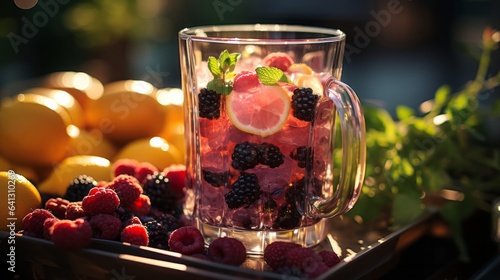 Fresh fruit cocktail prepared with modern kitchen equipme. Generative AI. photo