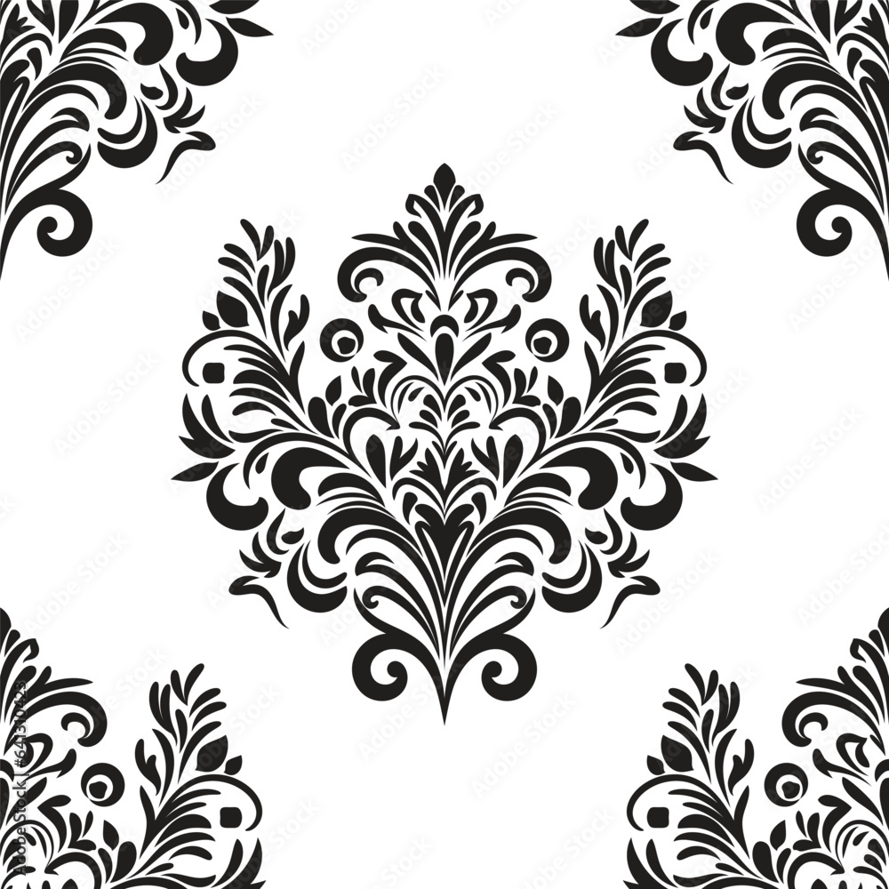 Damask floral motif tile pattern. Luxury wallpaper texture ornament decor. Baroque Textile, fabric, tiles. Isolated on Transparent background.