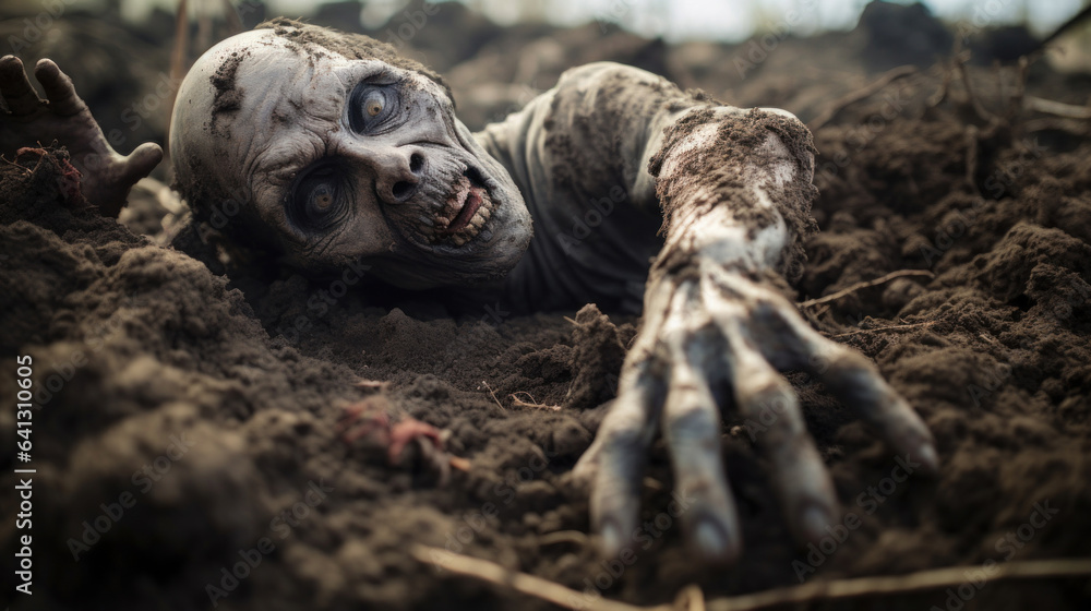 Scary zombie with hands on the ground. Halloween concept Scary zombie with hands on the ground. Halloween concept