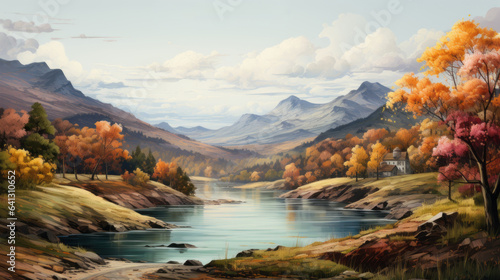 PAINTING LANDSCAPE - COLORFUL AUTUMN FOREST. AUTUMN FOREST WITH A RIVER.