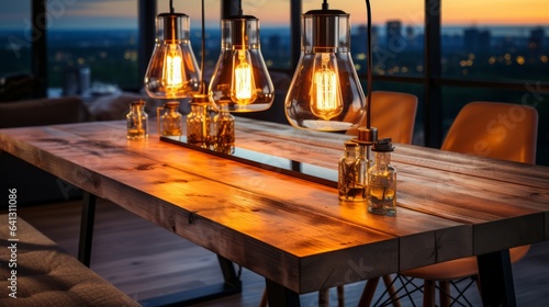 Glowing electric lamp illuminates rustic wooden table. Generative AI.
