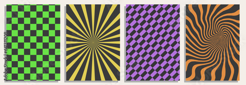 Four psychedelic retro backgrounds, templates, papers, covers, vector abstract graphics, 90s old fashioned backdrops.