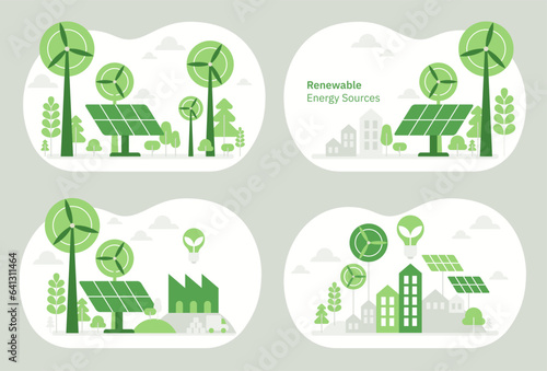 Green economy and renewable energy concept in flat vector illustration. Solar electric panels and wind turbines. Sustainable power plants for clean earth environment
