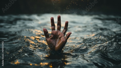 Hand in sea asking help. person drowning. Generative AI.