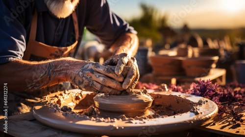 Hands making pottery. Generative AI.