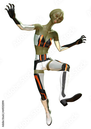 3D Rendering Green Female Alien on White