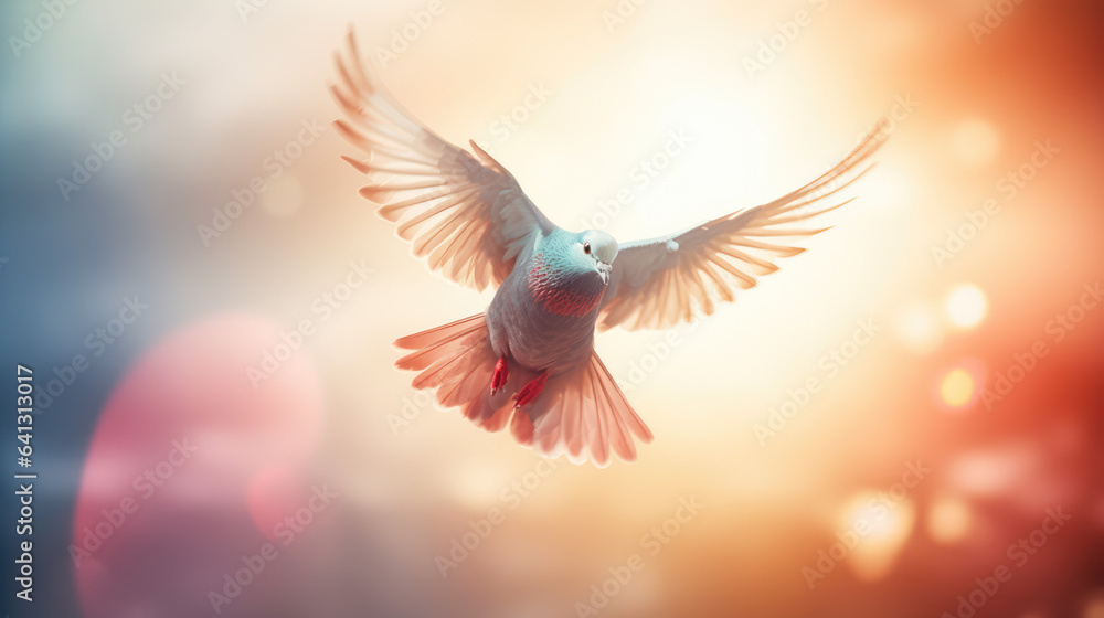 Obraz premium Flying dove against sun and blurred background