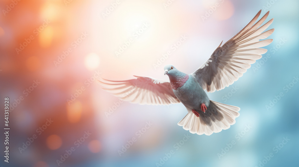 Obraz premium Flying dove against sun and blurred background