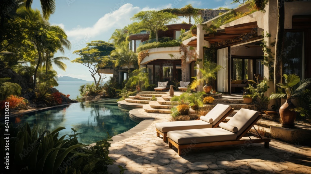 Idyllic luxury resort offers tranquil poolside relaxation. Generative AI.