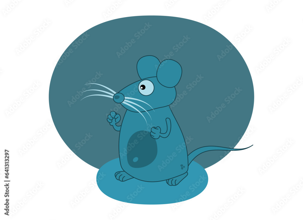Fototapeta premium Mouse with large moustache, blue refrigerated decoration and small shadow - vector