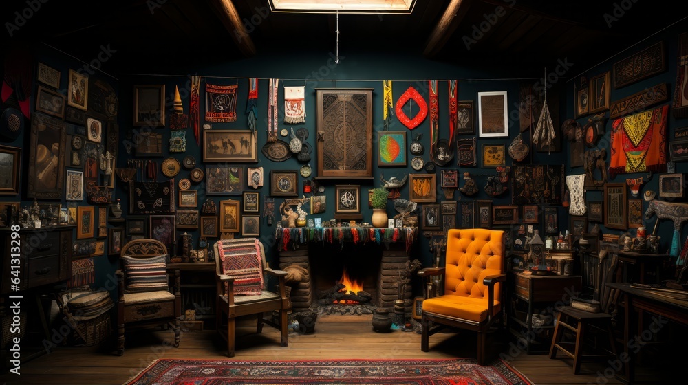 Indigenous cultures ornate rug shop showcases antique. Generative AI.