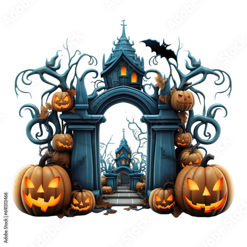 Front view of Halloween design elements of jack-o-lantern pumpkin and haunted house