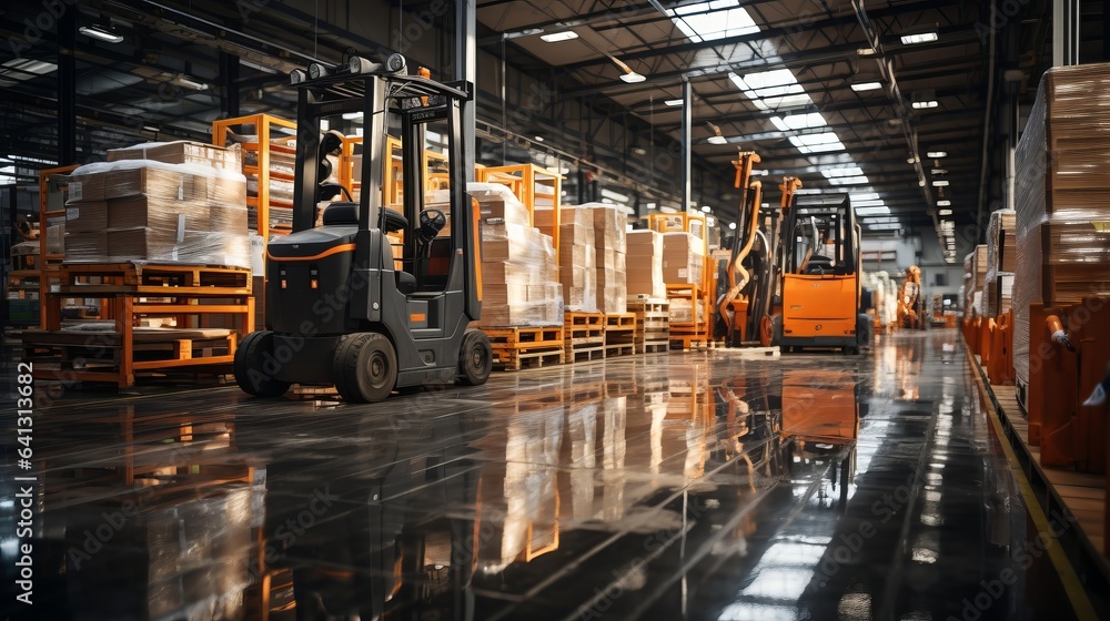 Large modern warehouse with forklifts. Generative AI. Large modern warehouse with forklifts. Generative AI.