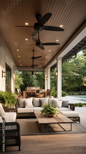 Exterior Design of a Modern House with a Relax Zone under a Veranda. Beautiful Garden and some Couches and Sofa.