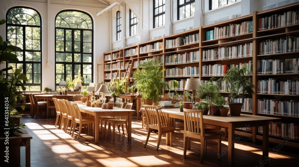 Library with books and reading materials on shelves surro. Generative AI. Library with books and reading materials on shelves surro. Generative AI.