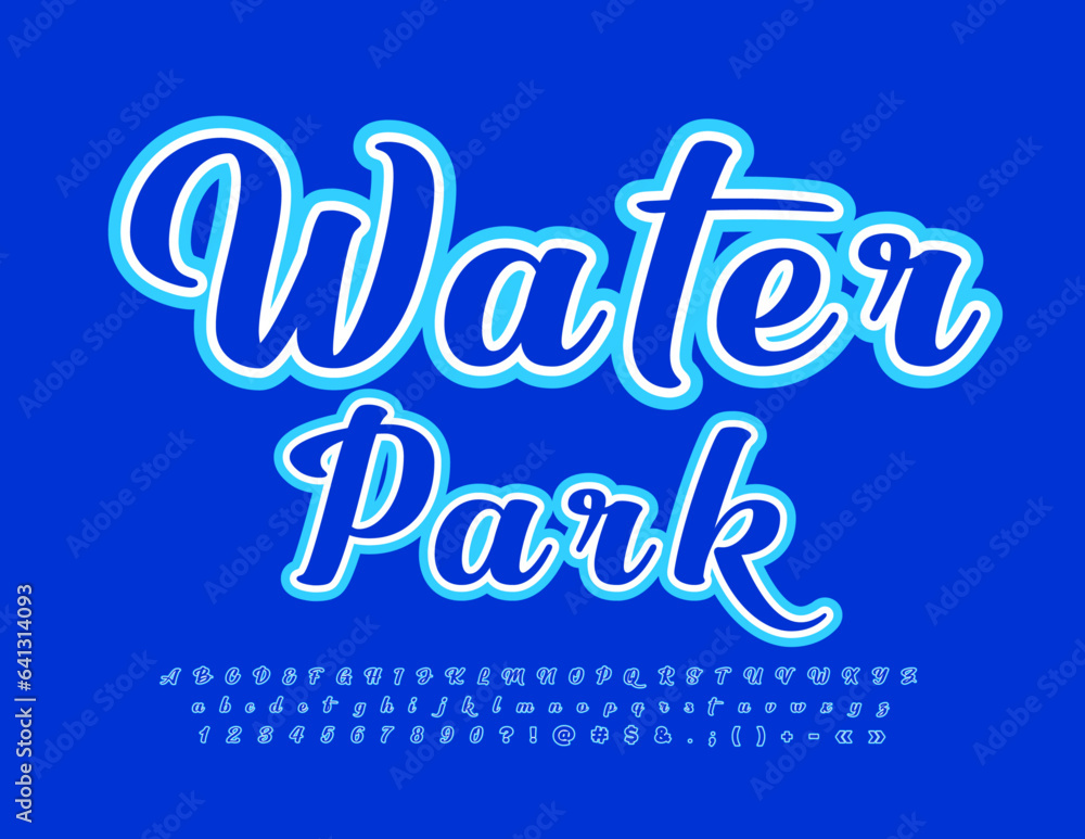 Vector recreational banner Water Park. Blue handwritten Font. Artistic Alphabet Letters and Numbers set