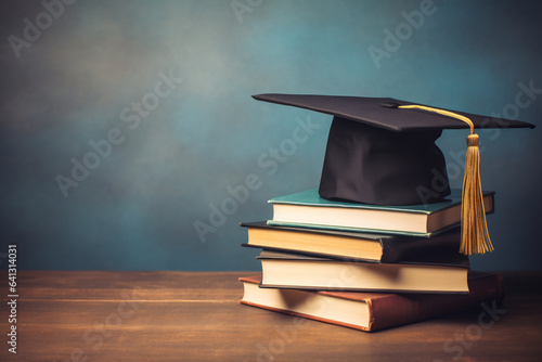 Graduation hat on top of a stack of book