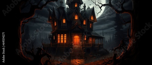 Halloween Castle. Cartoonized, Huge Moon and Orange Sky. © Boss