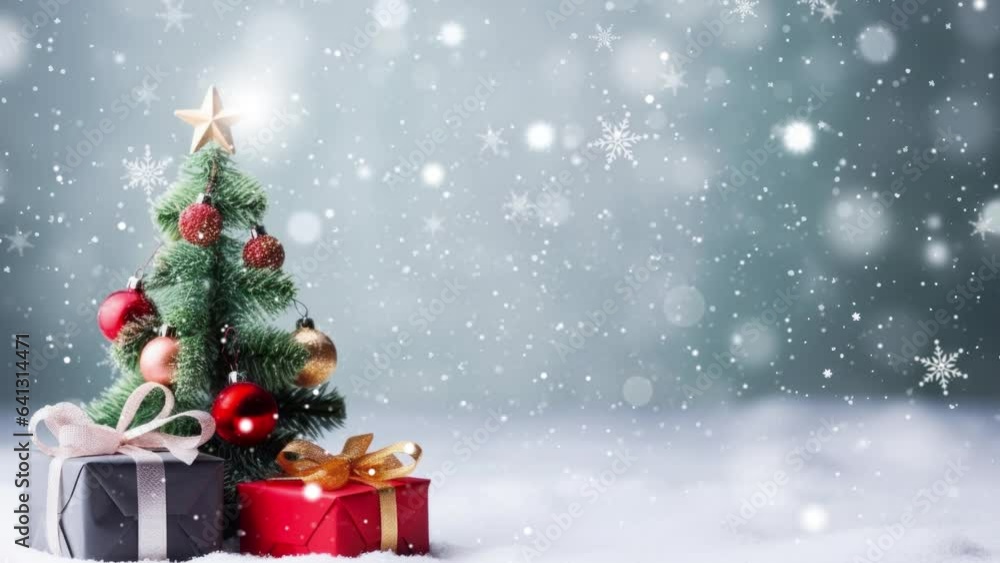 Christmas tree and gifts. Snow covered seasonal winter. Seamless looping video background animation. Christmas tree and gifts. Snow covered seasonal winter. Seamless looping video background animation.