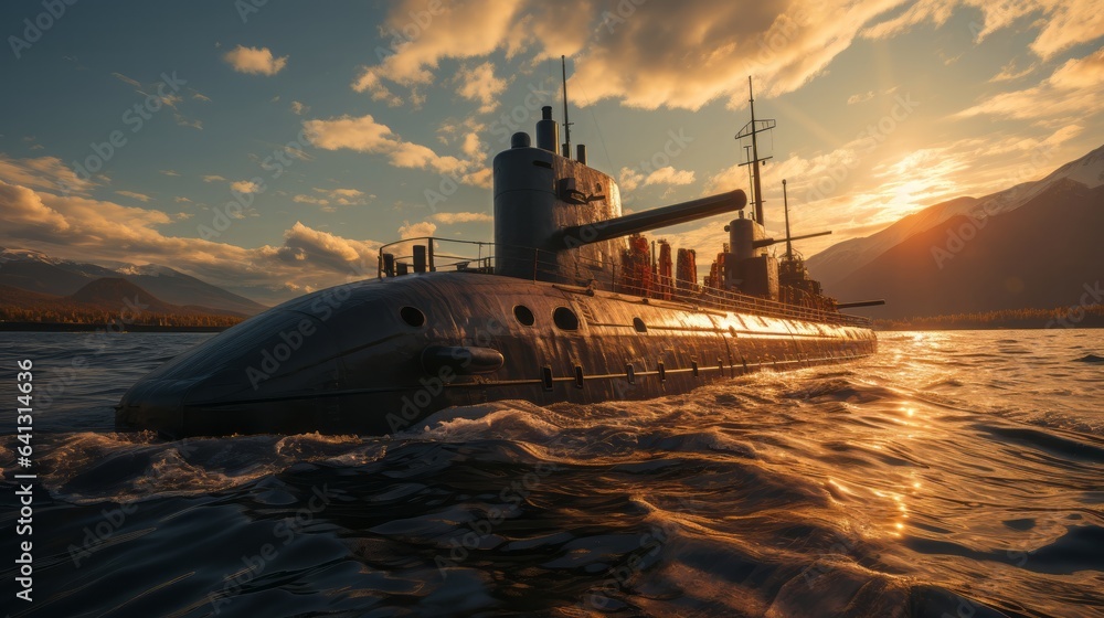 Fototapeta premium Lone retro nuclear war submarine sailing in the deep. Generative AI.