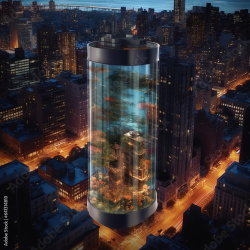 aerial view of a giant fish tank shaped like a tower Generative AI