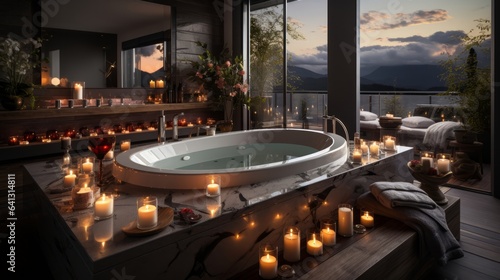 Luxury candlelit spa treatment in modern domestic bathroom. Generative AI.