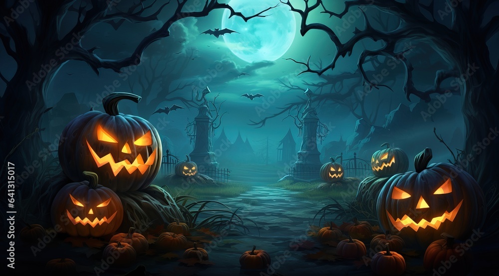 Fototapeta premium Scary Atmosphere in a abandoned Cemetery decorated with Halloween Pumpkins. Cartoonized.