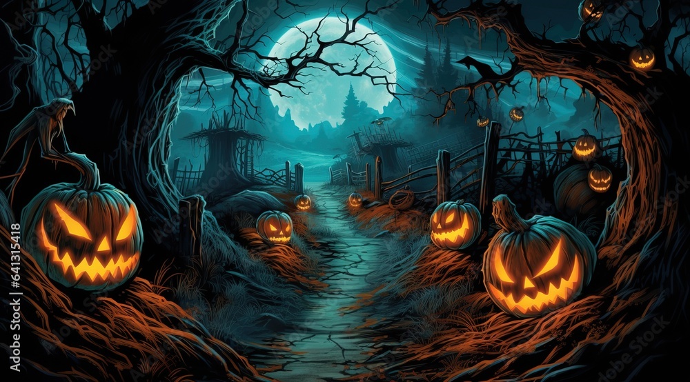 Scary Atmosphere in a abandoned Cemetery decorated with Halloween Pumpkins. Cartoonized. Scary Atmosphere in a abandoned Cemetery decorated with Halloween Pumpkins. Cartoonized.
