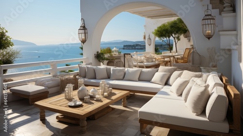 Luxury house hotel patio iwith terrace and sea view. Generative AI. © ProVector